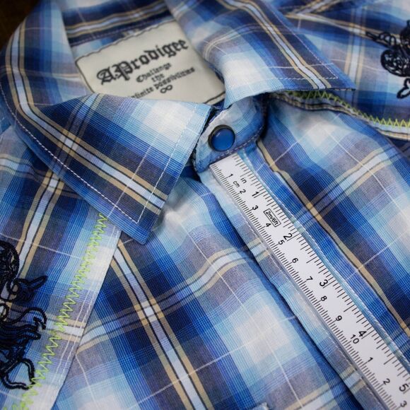 A. Prodigee Blue Multicolor Button Up Short Sleeve Shirt Mens SIZE L - Picture 7 of 8